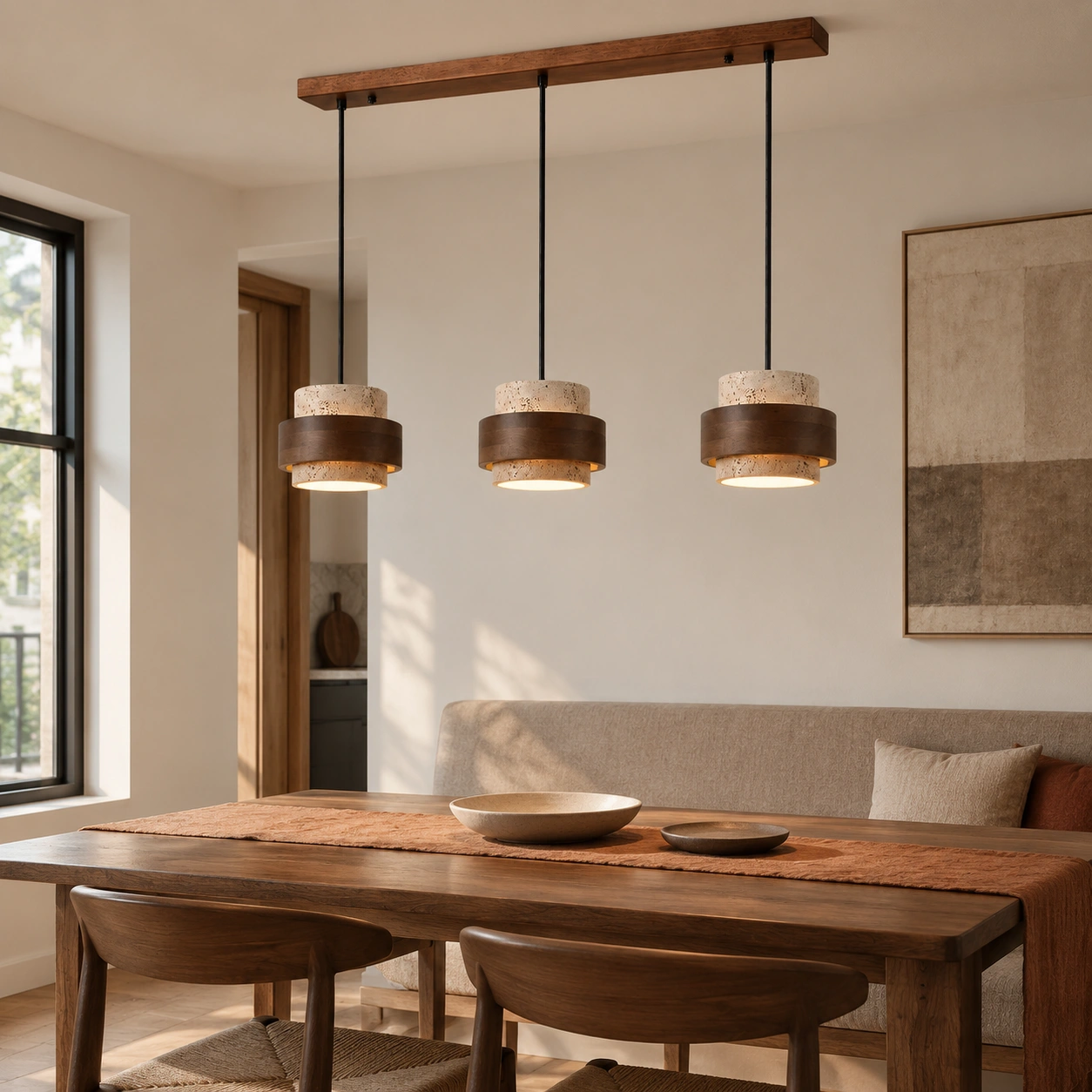 Three-head natural pendant above a dining table