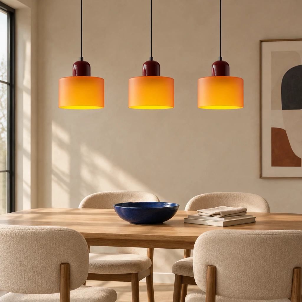 Orange glass pendants above a dining table
