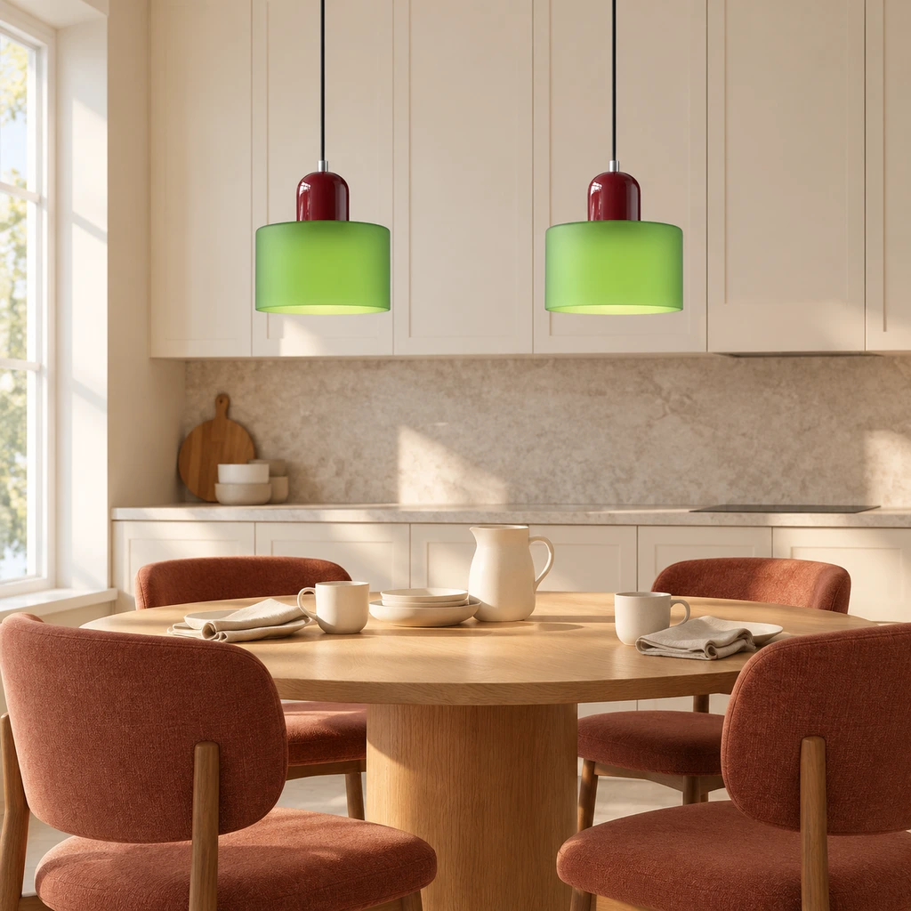 Green glass pendants above a breakfast table