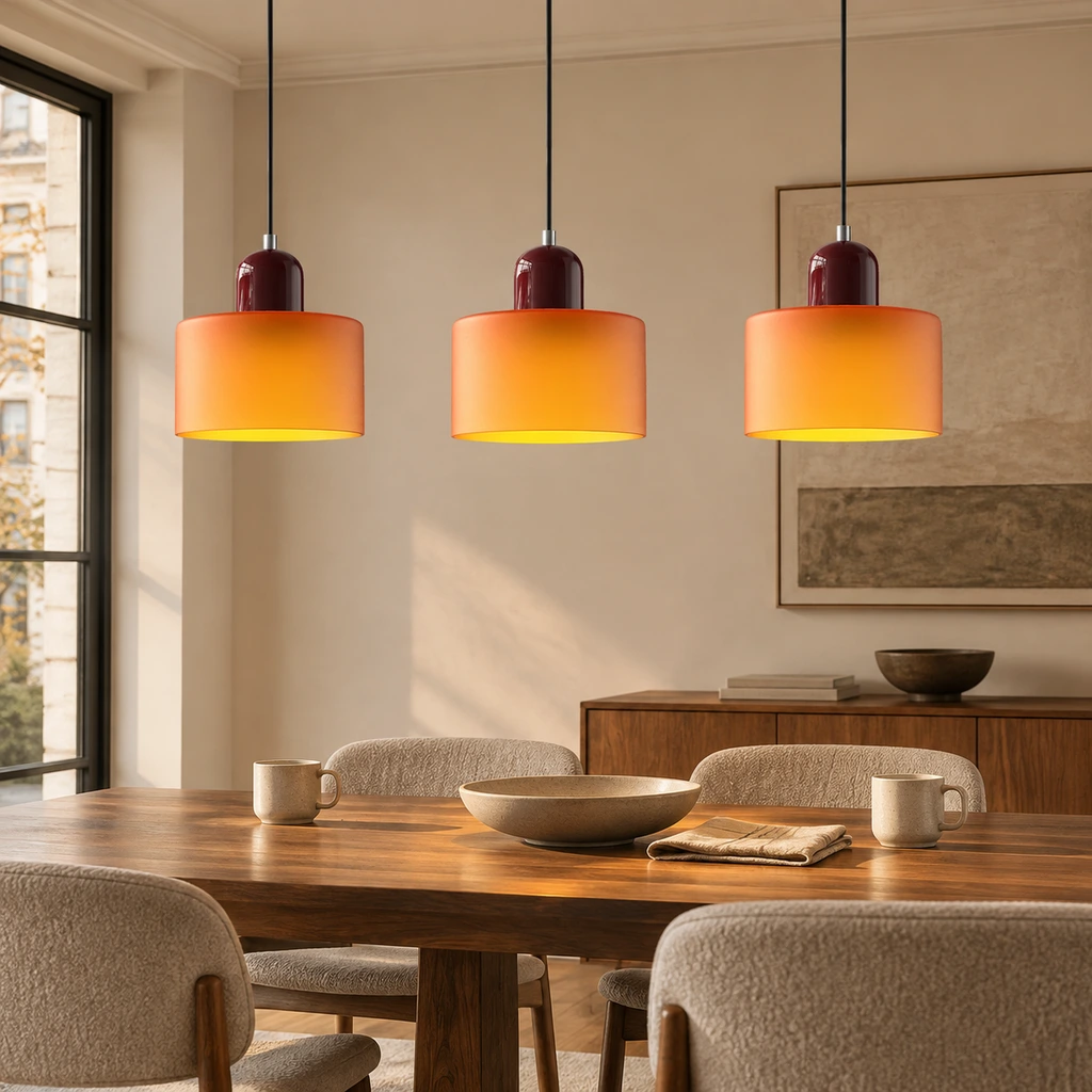 Orange glass pendants above a dining setting