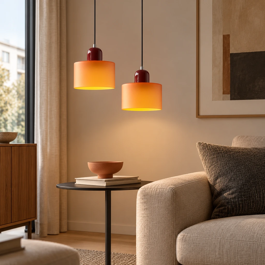 Two orange glass pendants in a living room