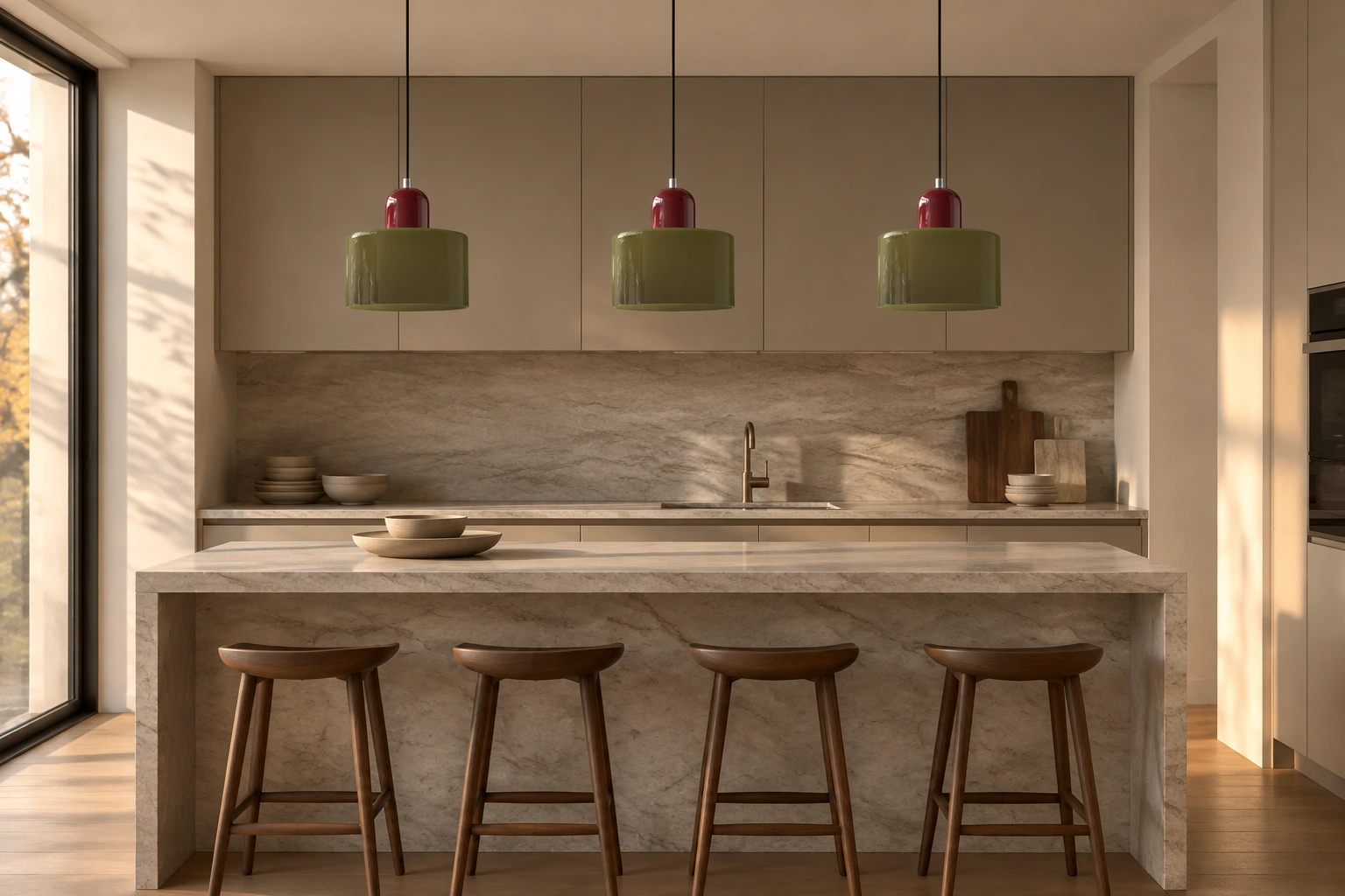 Three identical deep olive Ivar pendants above a kitchen island