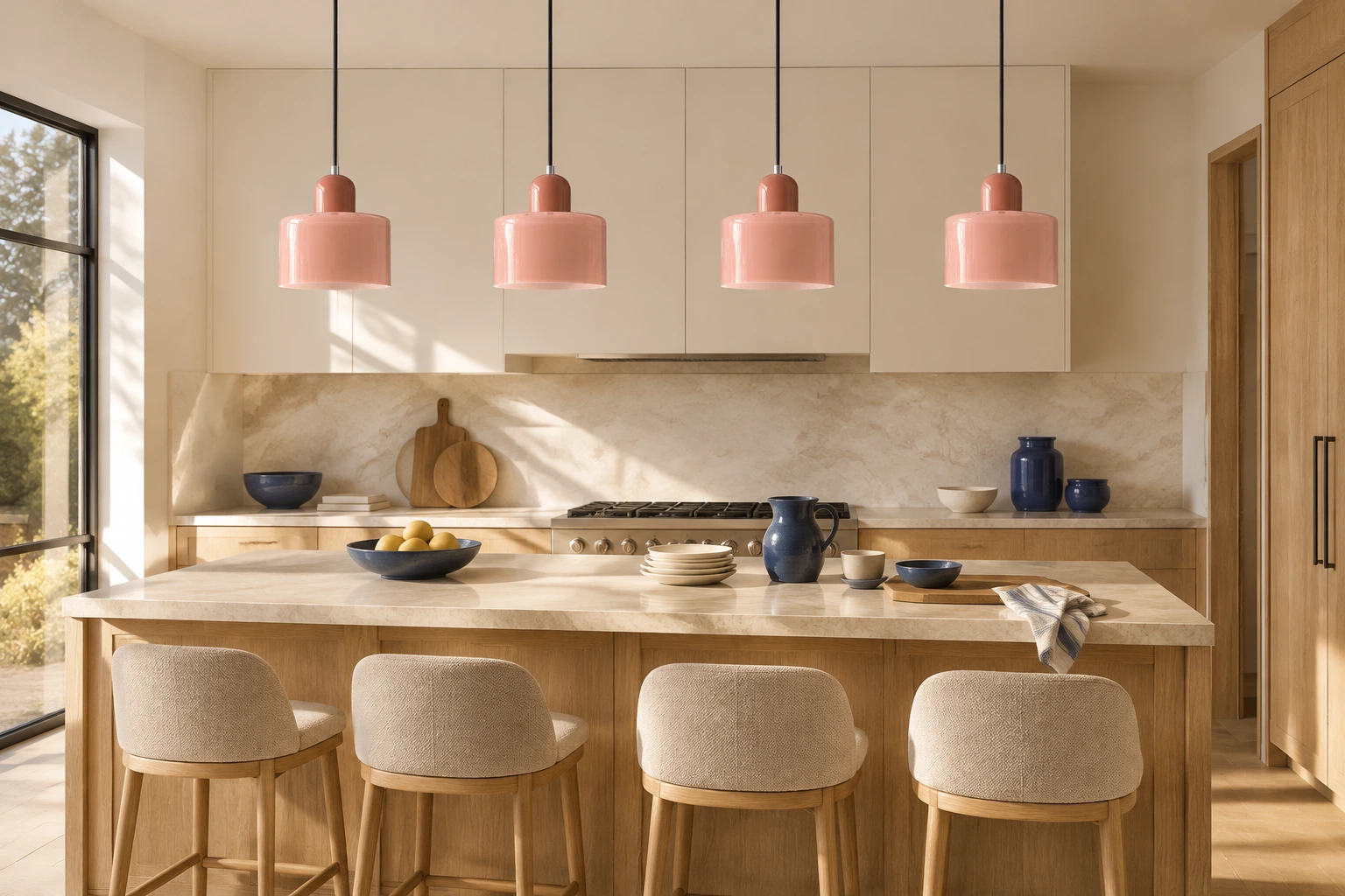 Four identical pink Ivar pendants above a kitchen island