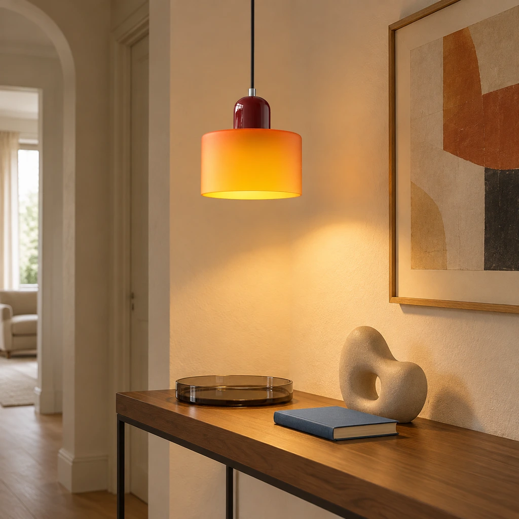 Single orange glass pendant in an entryway