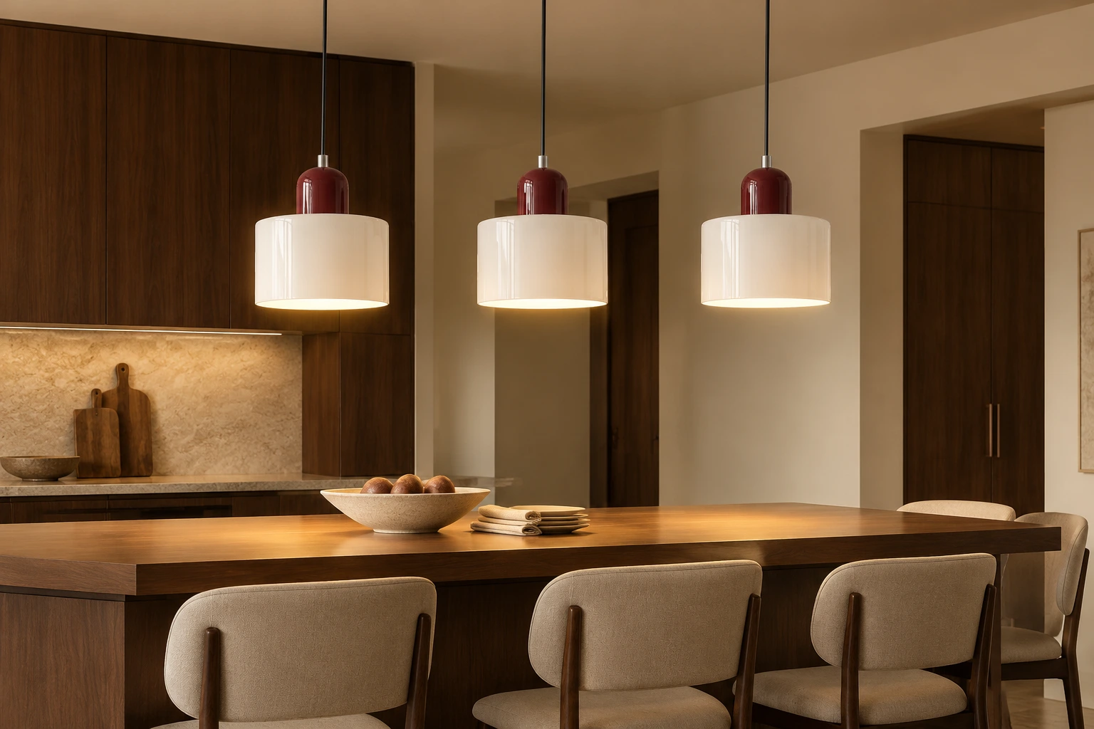 Three identical white Ivar pendants above a dining island