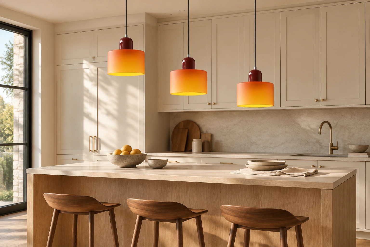 Three identical matte orange Ivar pendants above a kitchen island