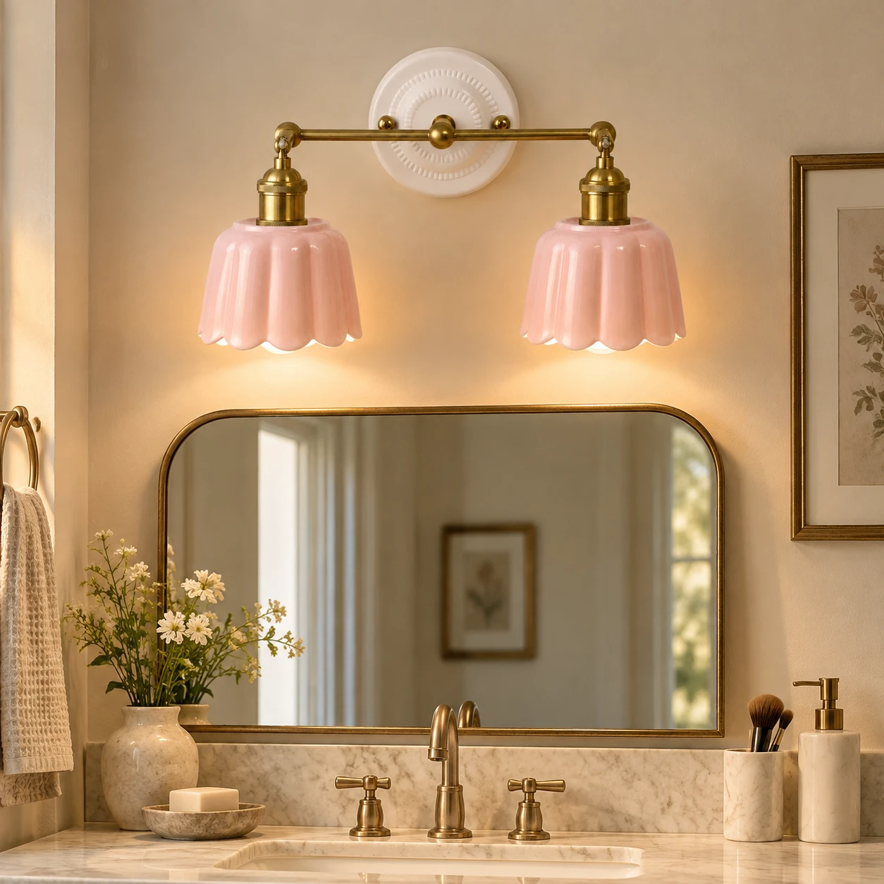 Pink two-light Fleur vanity light in a warm evening bathroom