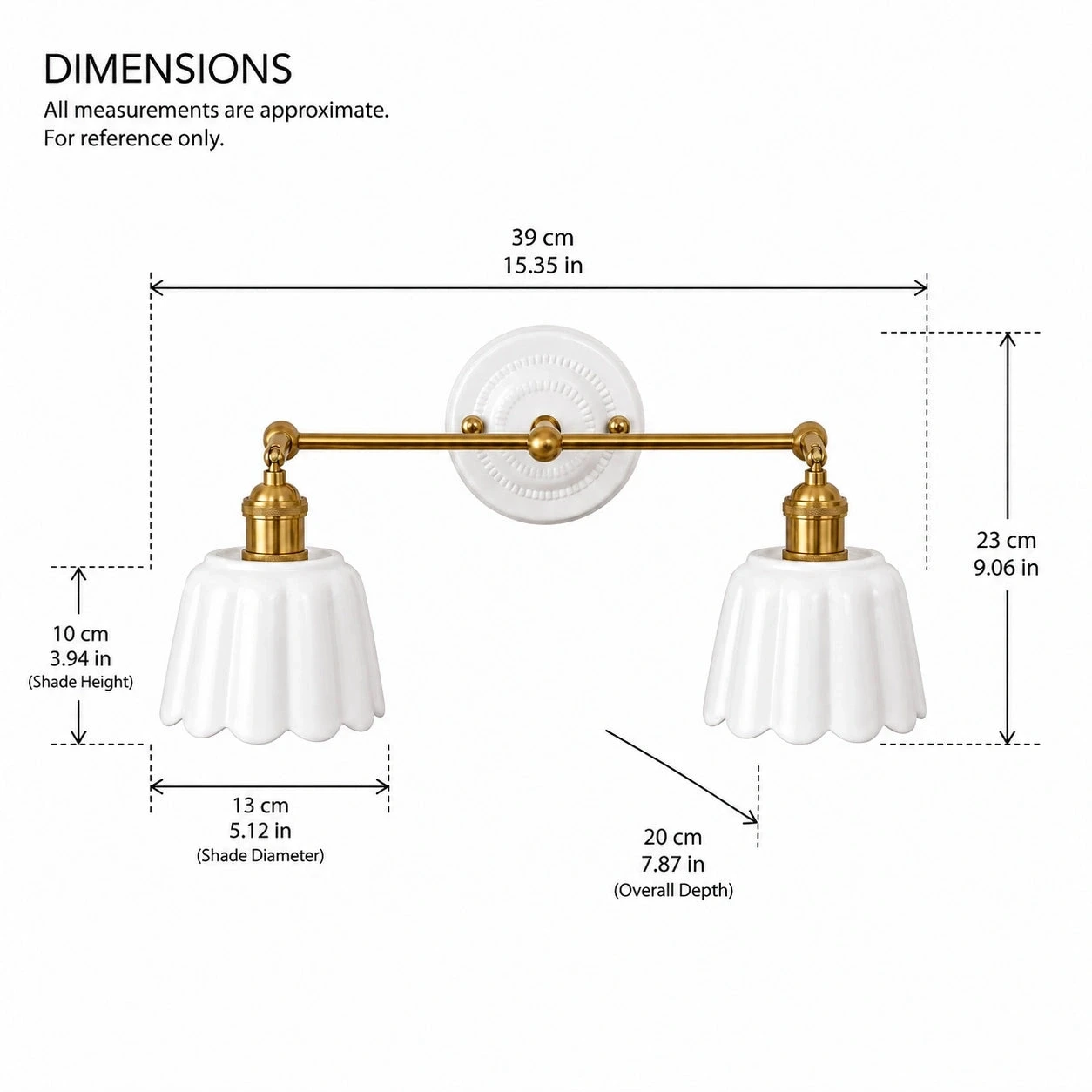 Fleur three-light dimensions: 55 cm wide, 23 cm high, 20 cm deep
