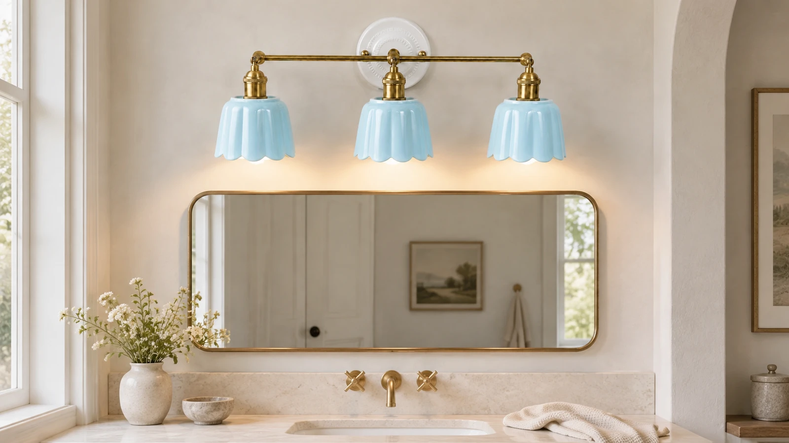 Blue three-light Fleur petal ceramic vanity light in a wide vanity scene
