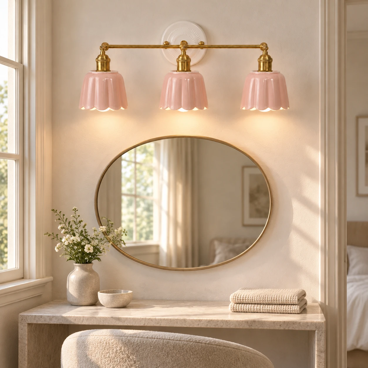 Pink three-light Fleur petal ceramic vanity light in a bright dressing nook