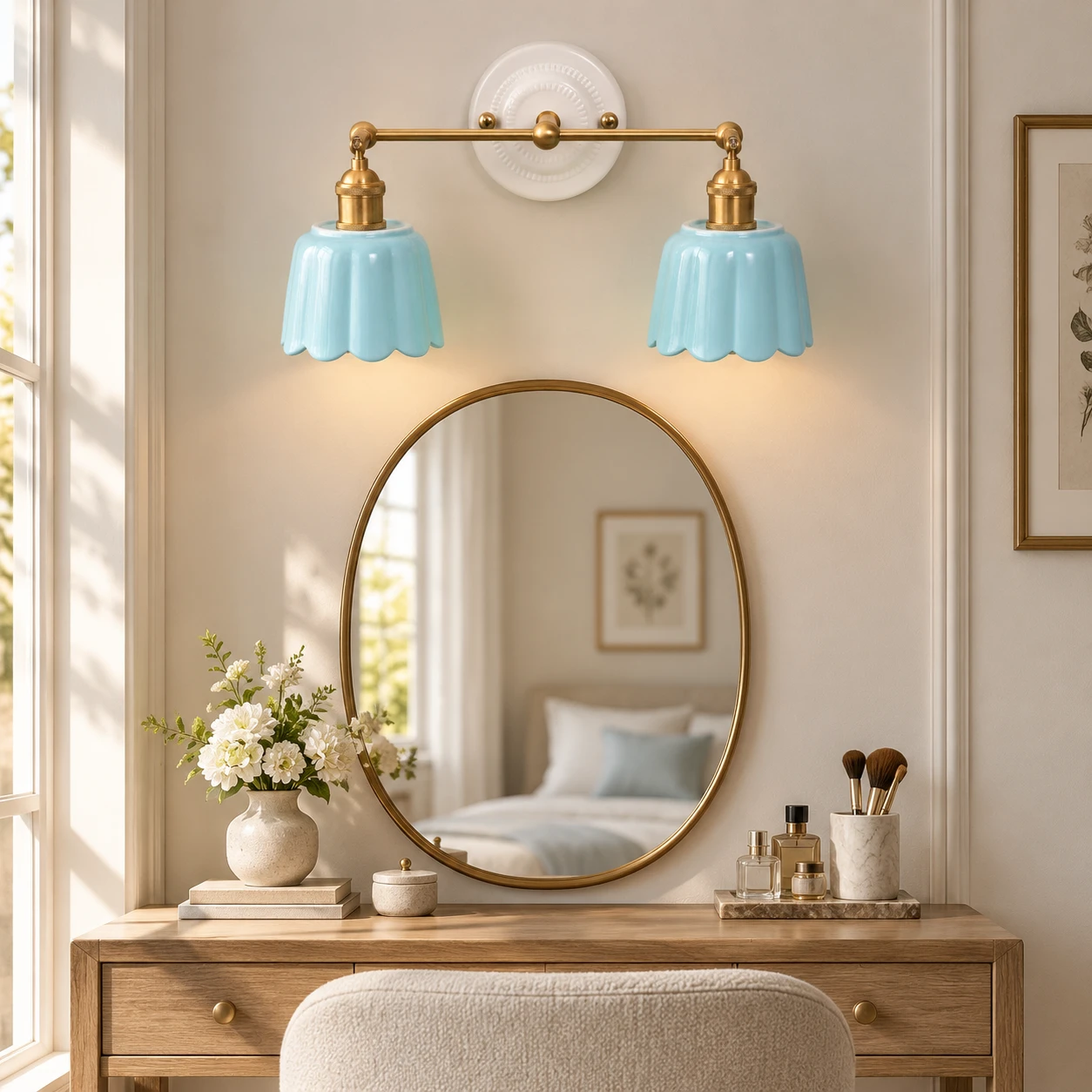 Blue two-light Fleur wall light at a bedroom dressing wall