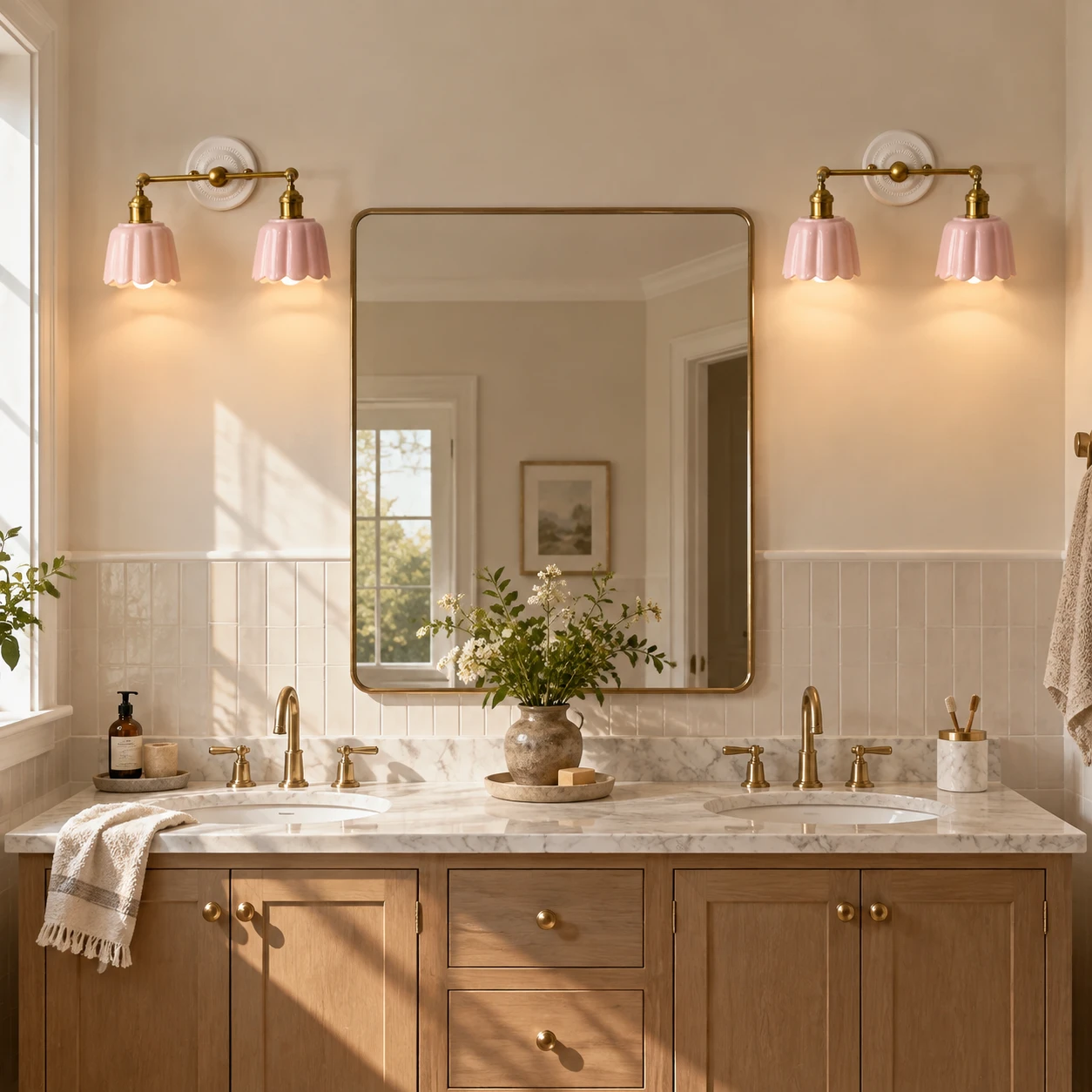 Fleur Vintage Petal Ceramic Vanity Light - wide mirror