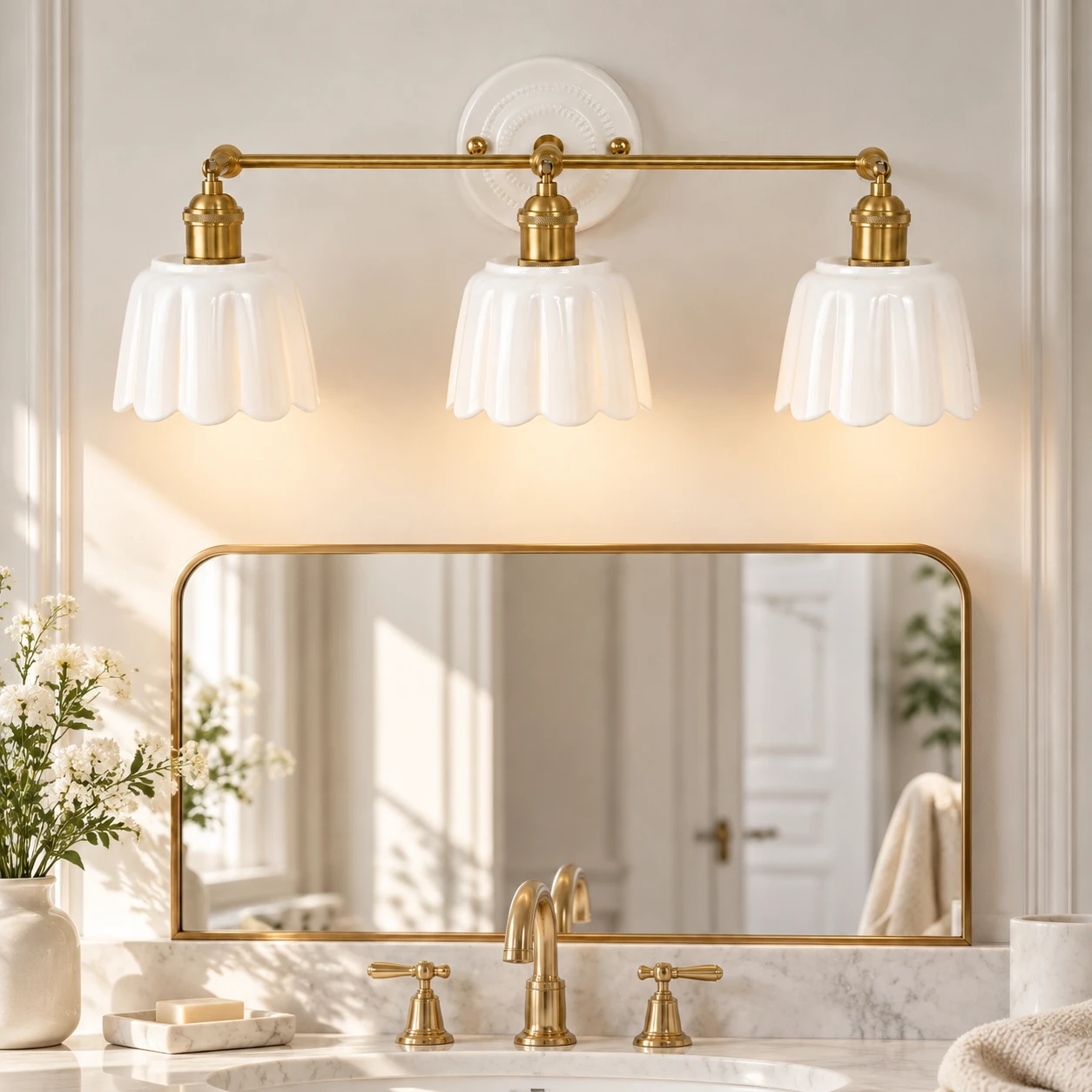 White three-light Fleur vanity light above a bright double vanity