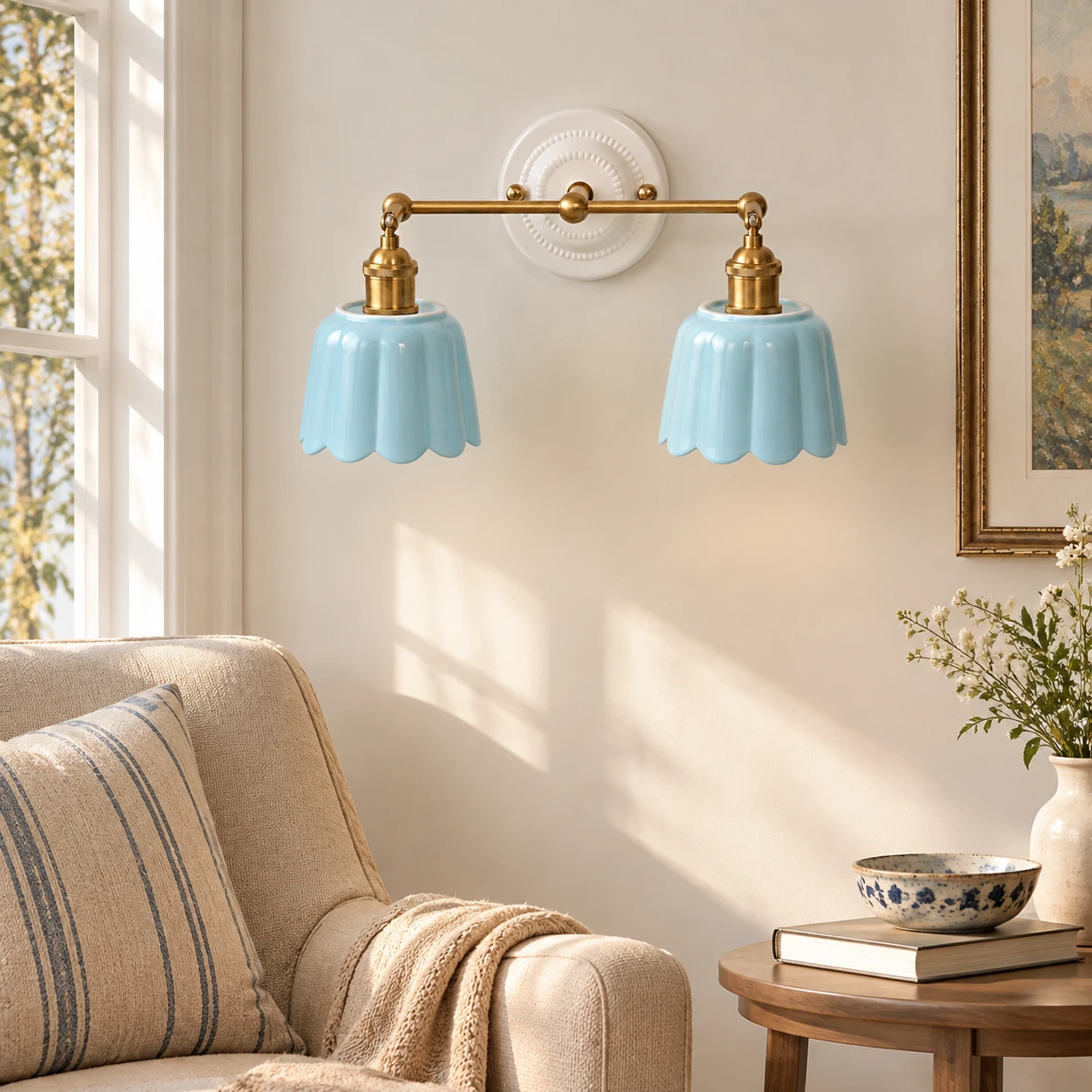 Blue two-light Fleur wall light beside a reading corner