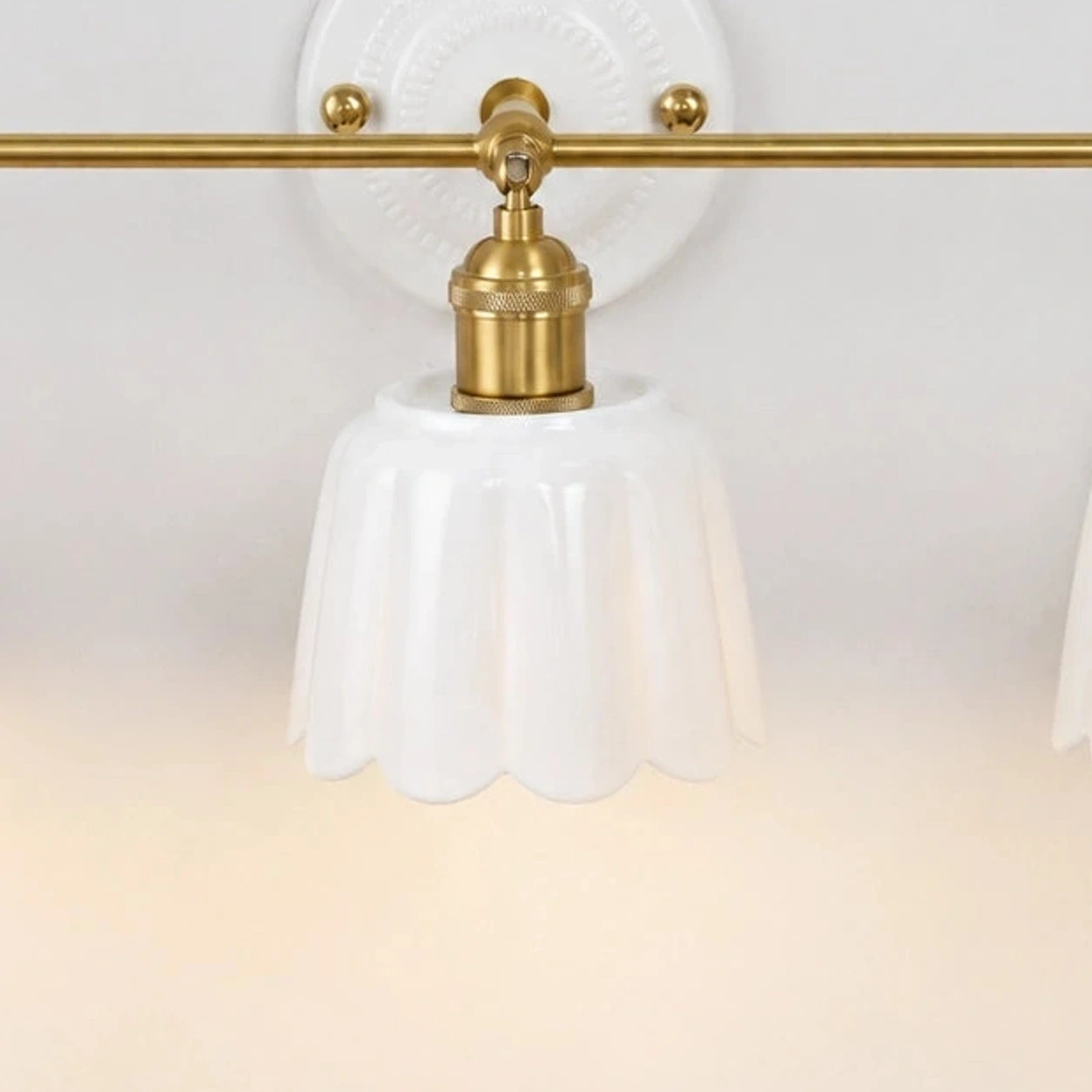 White ceramic petal shade and brass socket detail