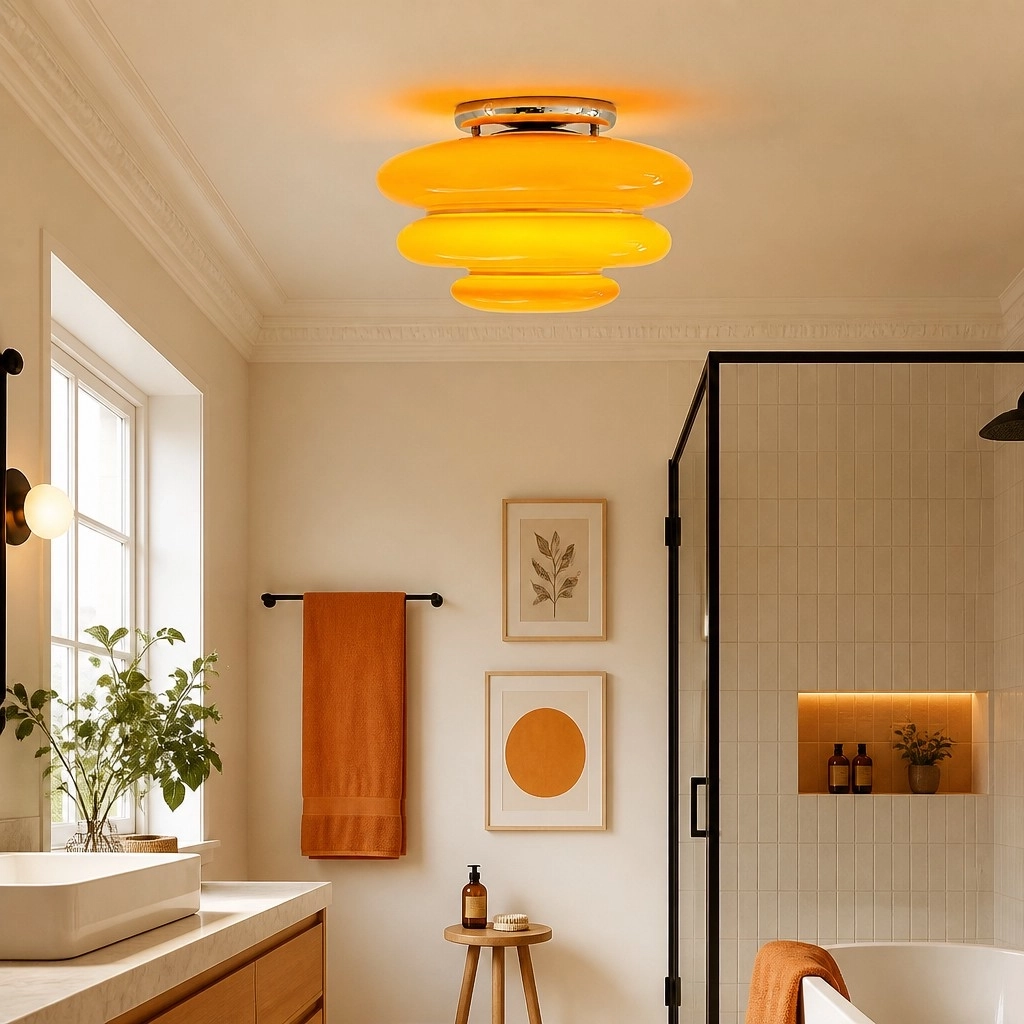 Amber glass ceiling light in a warm modern bathroom