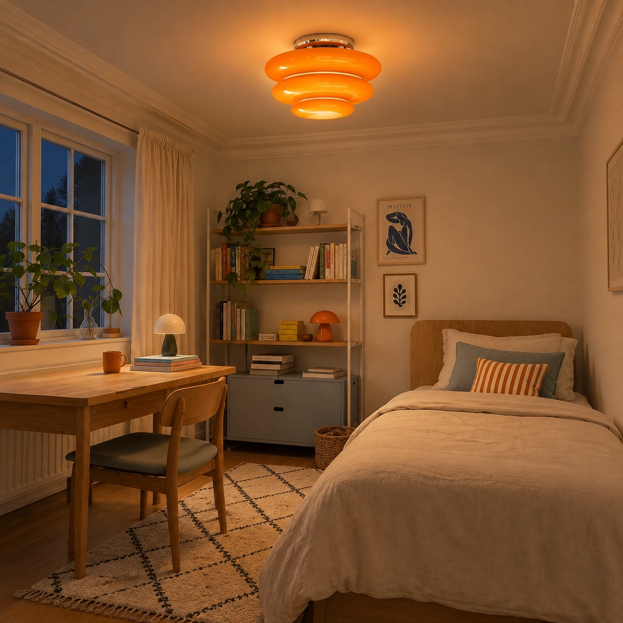 Same bedroom scene at night with the amber ceiling light switched on and a subtle blue window view