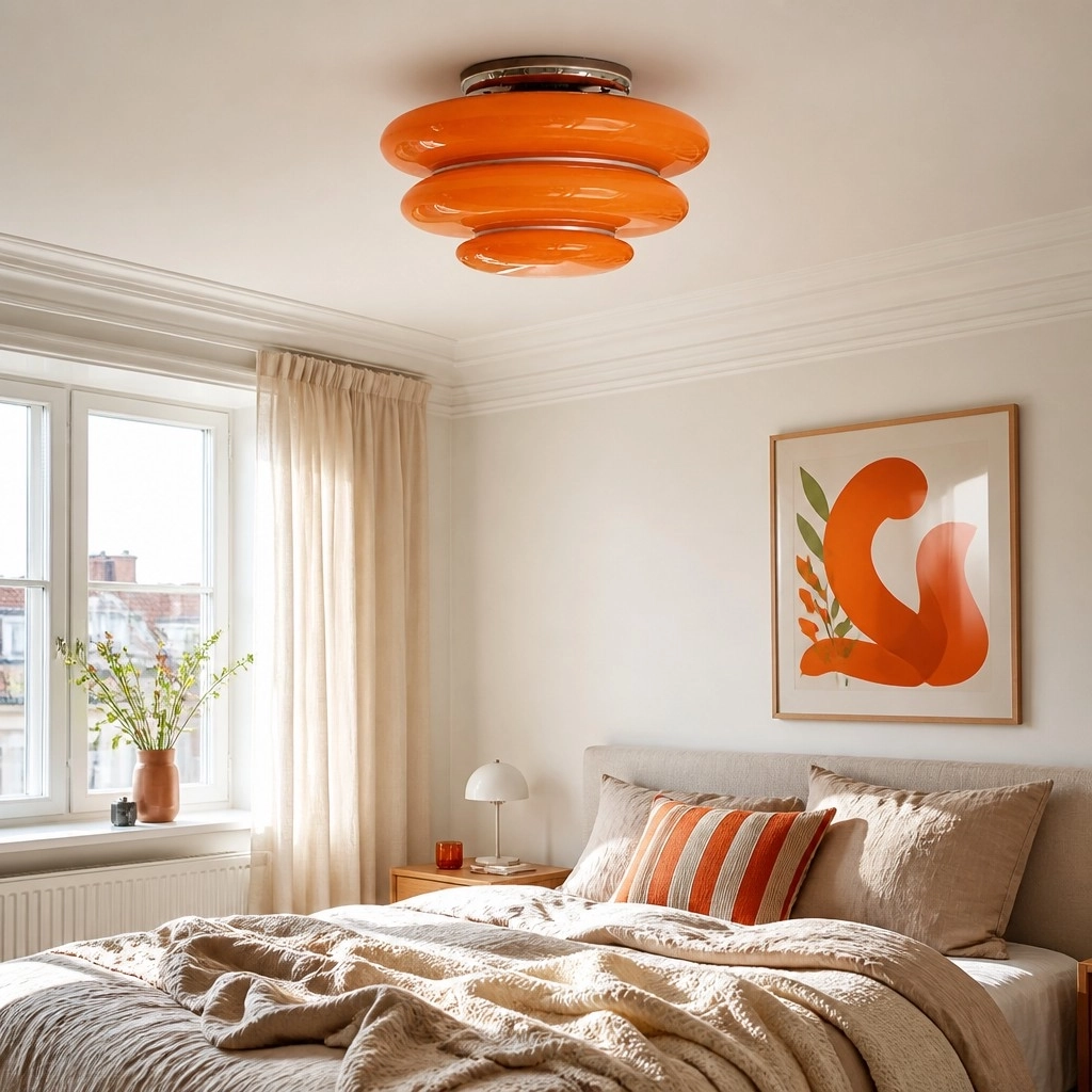 Amber glass ceiling light in a refined bedroom