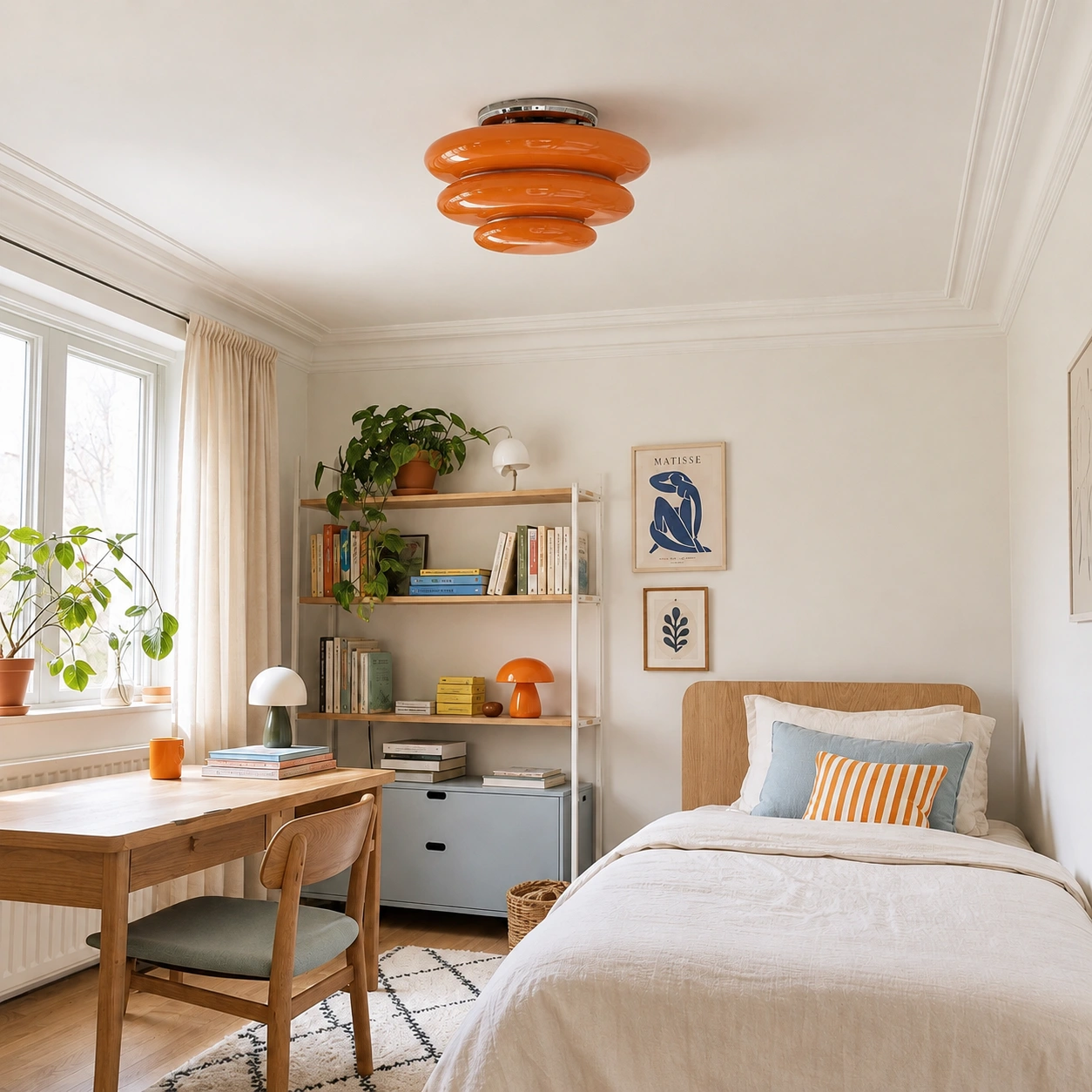 Same bedroom scene in daylight with the amber ceiling light switched off