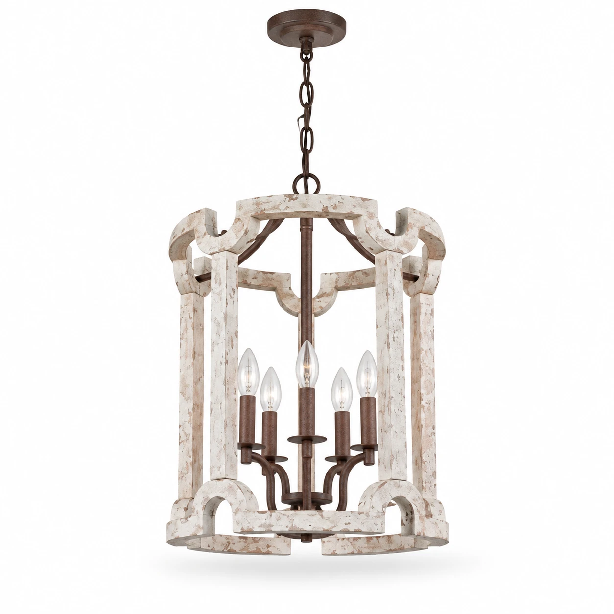Carved wood birdcage five-light chandelier on a white background