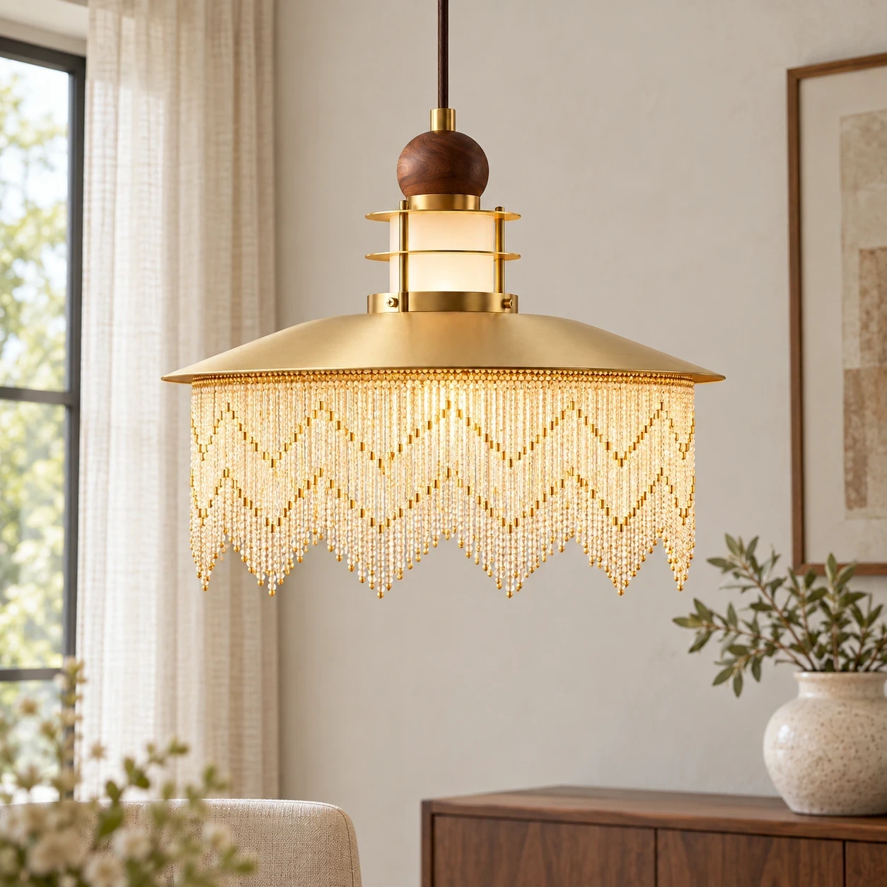 Wushlp Vintage Fringe Wood Pendant Light above a dining table