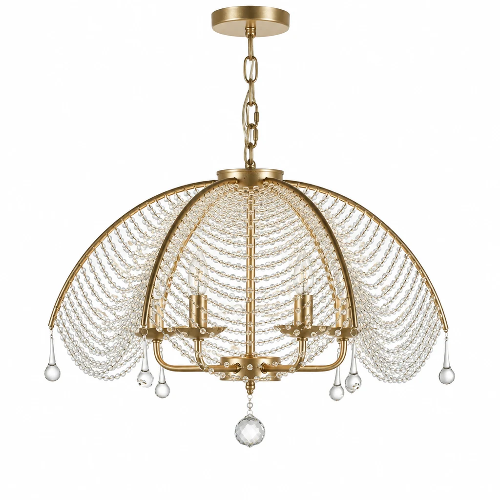 Aurelia vintage gold three-head beaded dome chandelier on white