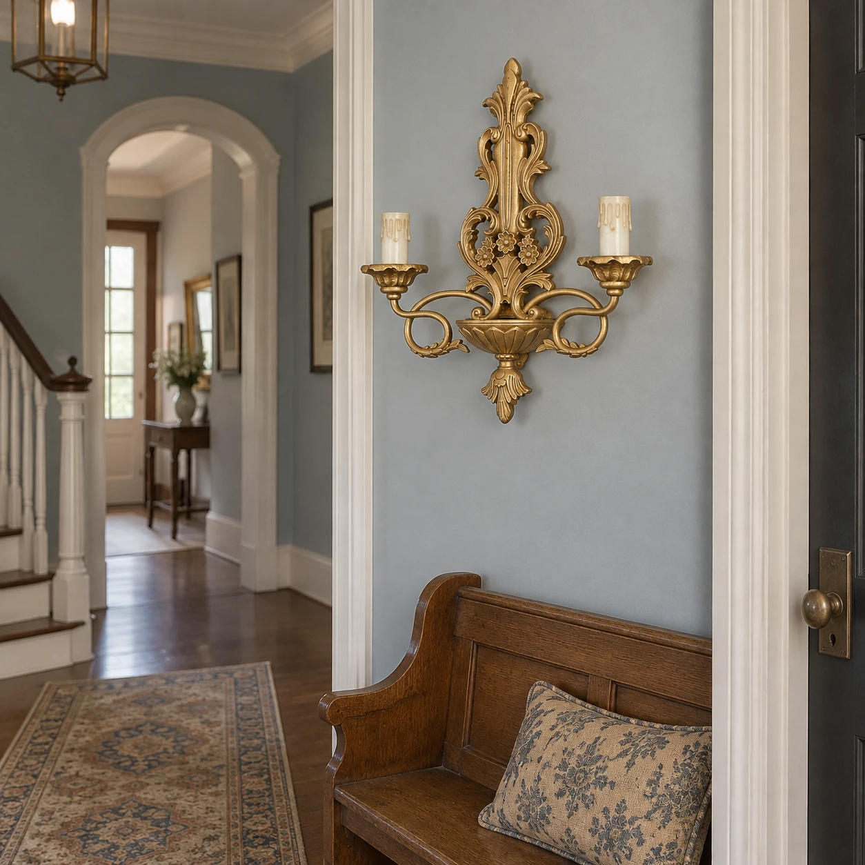 Vintage Gold wall sconce installed in a residential hall