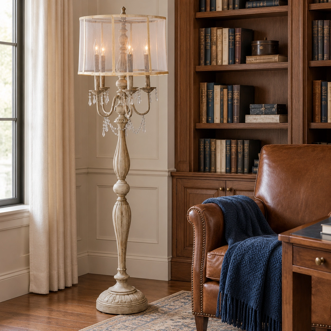 Aurelia wooden floor lamp beside a library reading chair