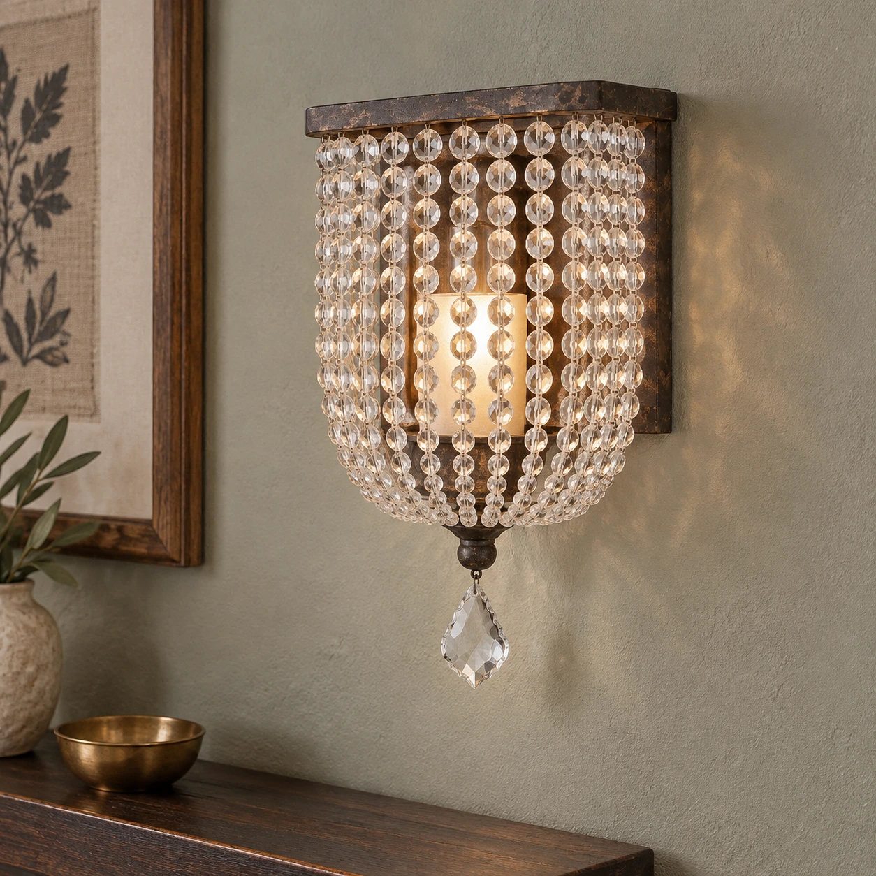 Elara Rustic Beaded Drop Iron Wall Sconce — Crystal bead wall sconce in a quiet hallway