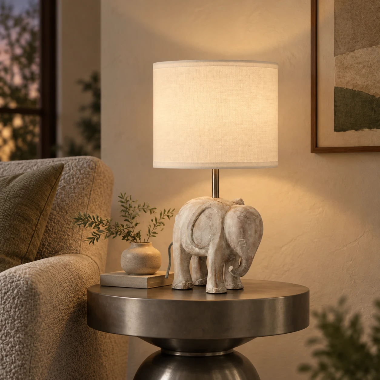 Elephant carved wood table lamp in a living room accent setting