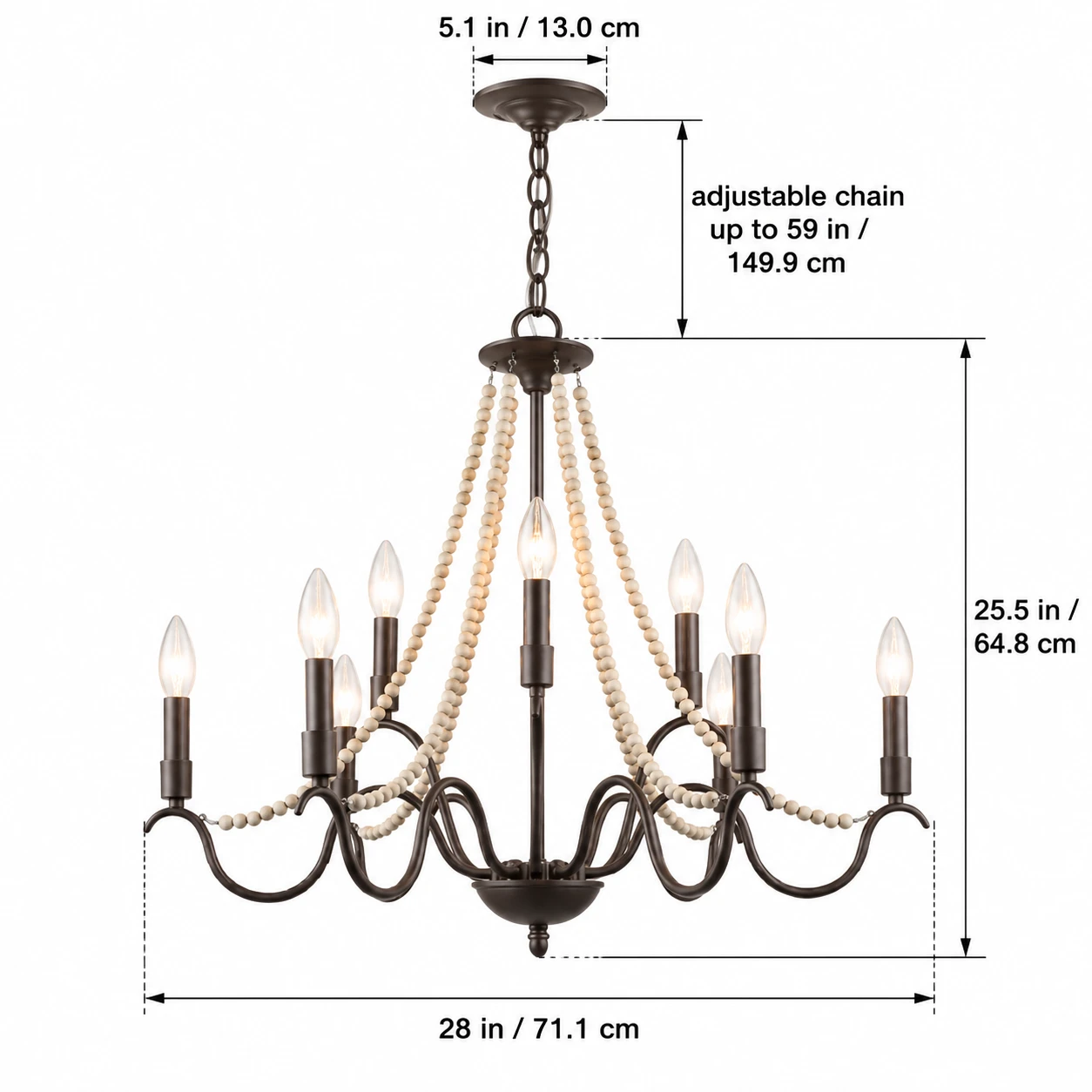 Dimensions of the 71.1 cm wide French vintage wood bead chandelier