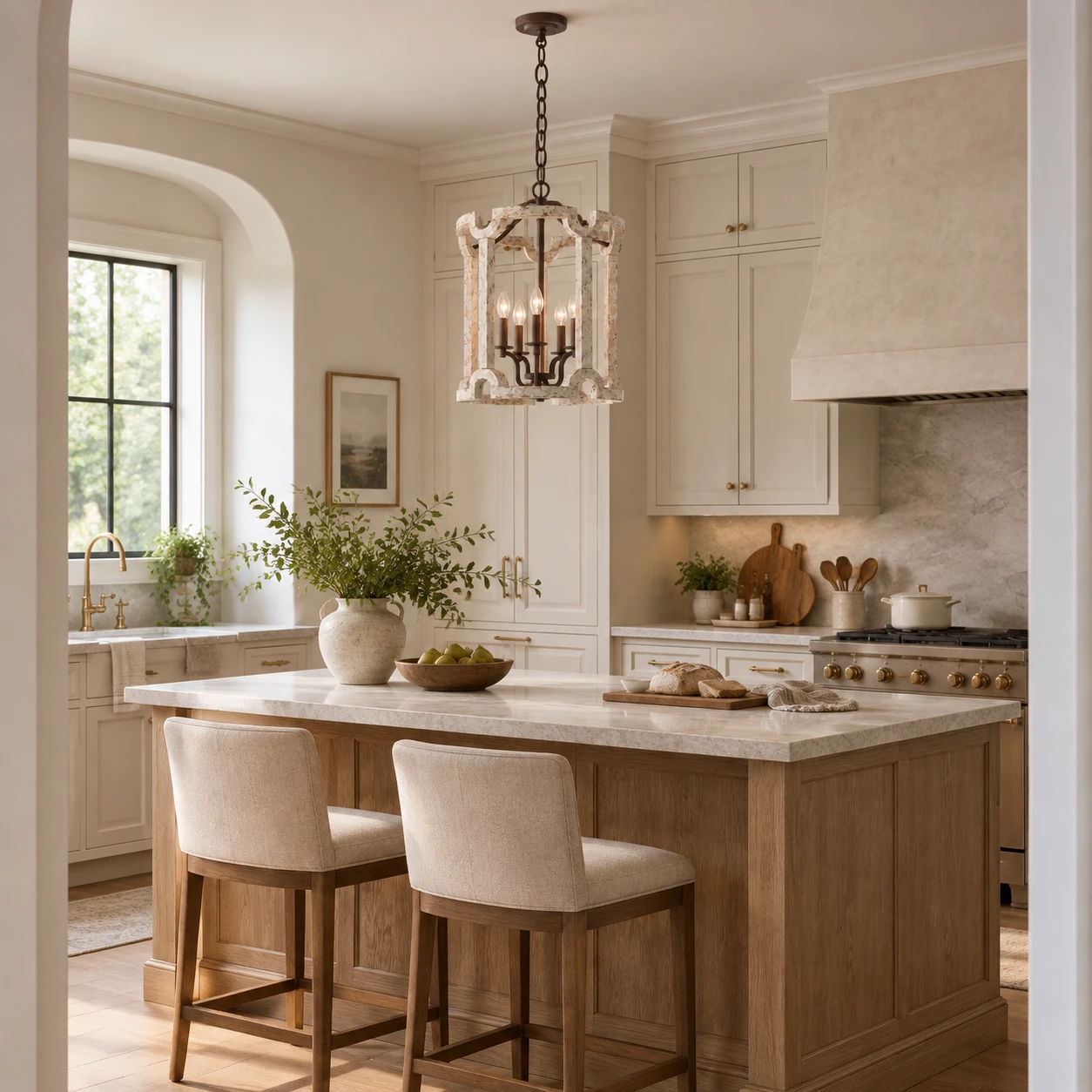 Carved wood birdcage chandelier over a residential kitchen island