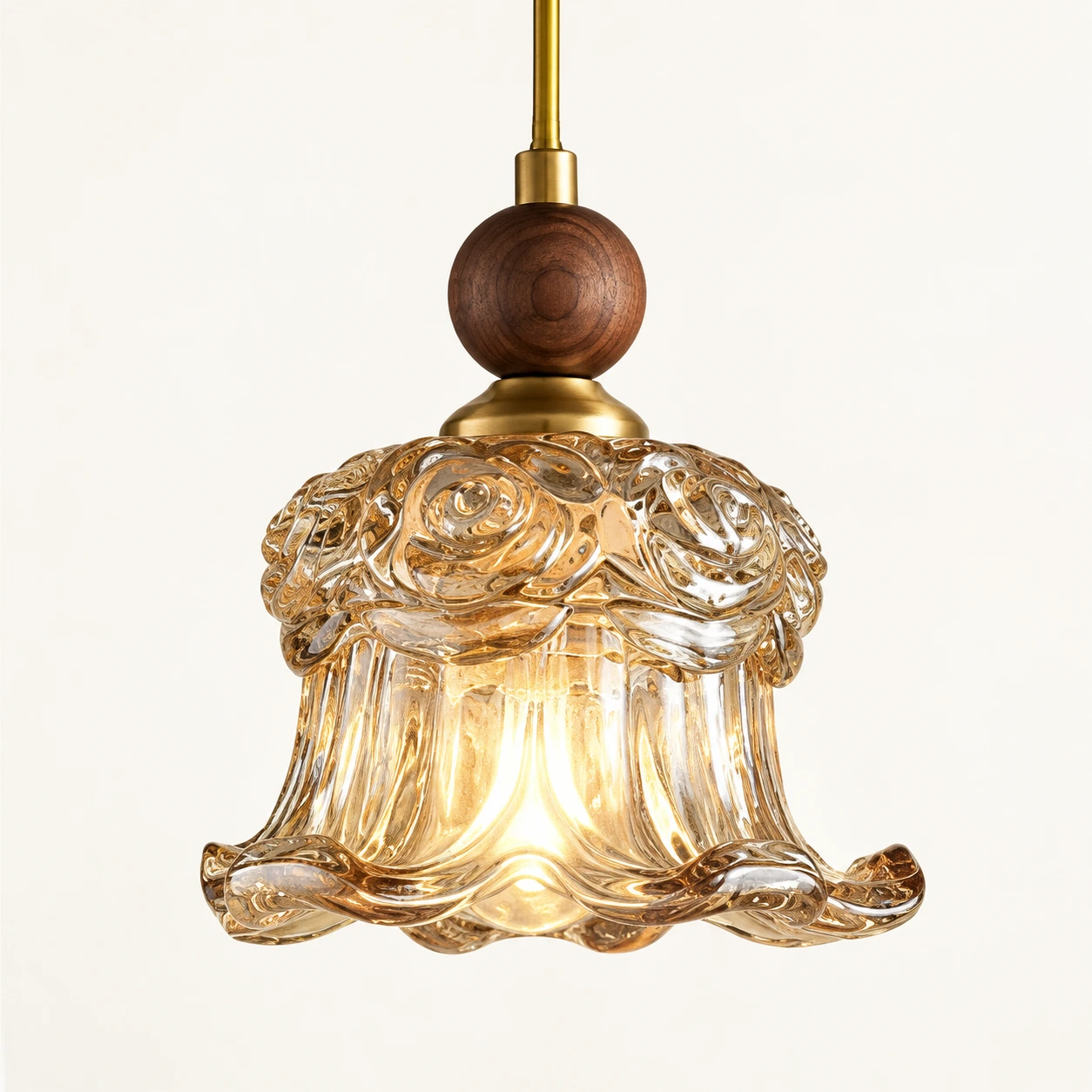 Floral glass shade and walnut wood cap detail