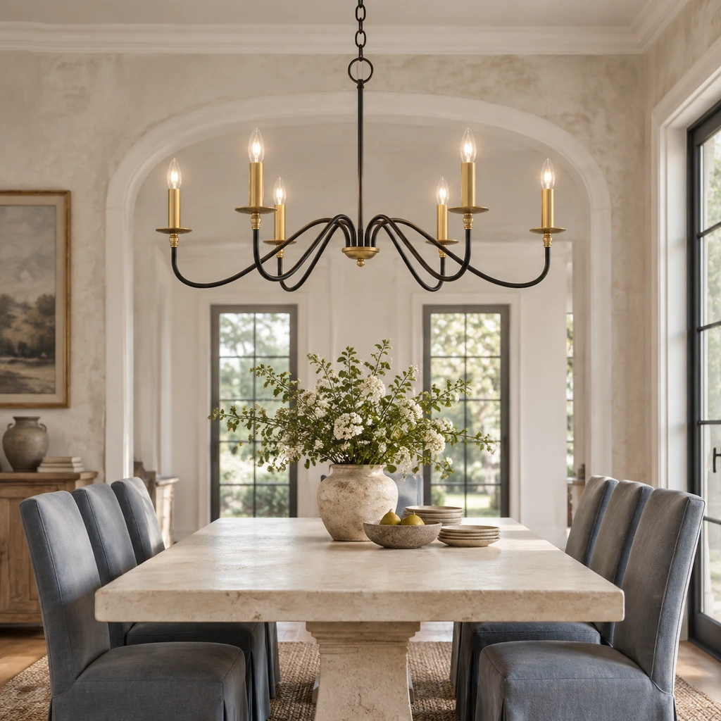 Arden black iron chandelier in a bright limestone dining room