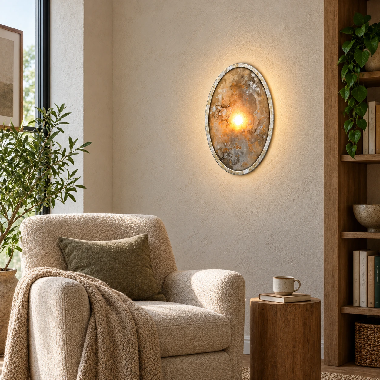Clara French Vintage Antiqued Glass Iron Wall Sconce in a reading corner with a textured wall and quiet natural daylight