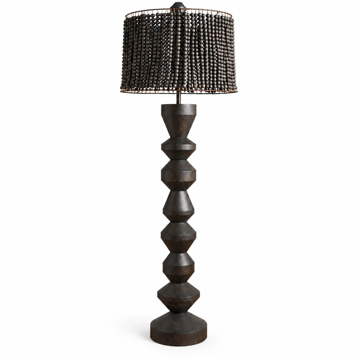 Side view of the 165 cm dark wood beaded floor lamp
