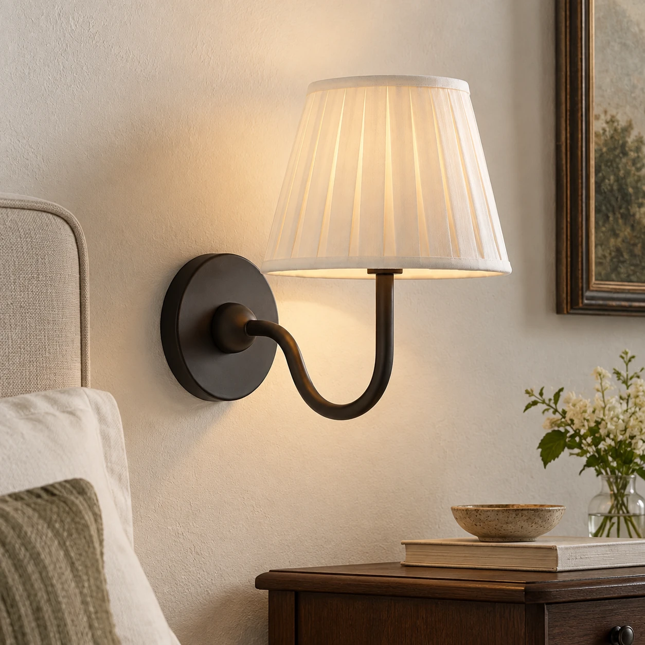 Pleated fabric wall sconce in a quiet French country bedroom setting
