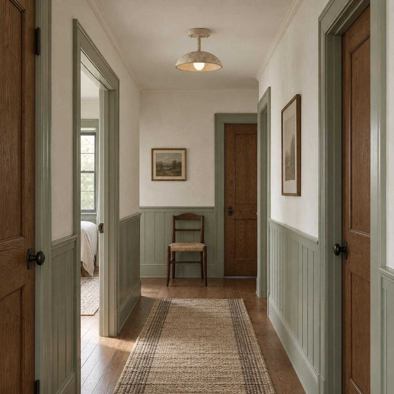 Clara textured resin flush mount ceiling light in a sage upstairs hall