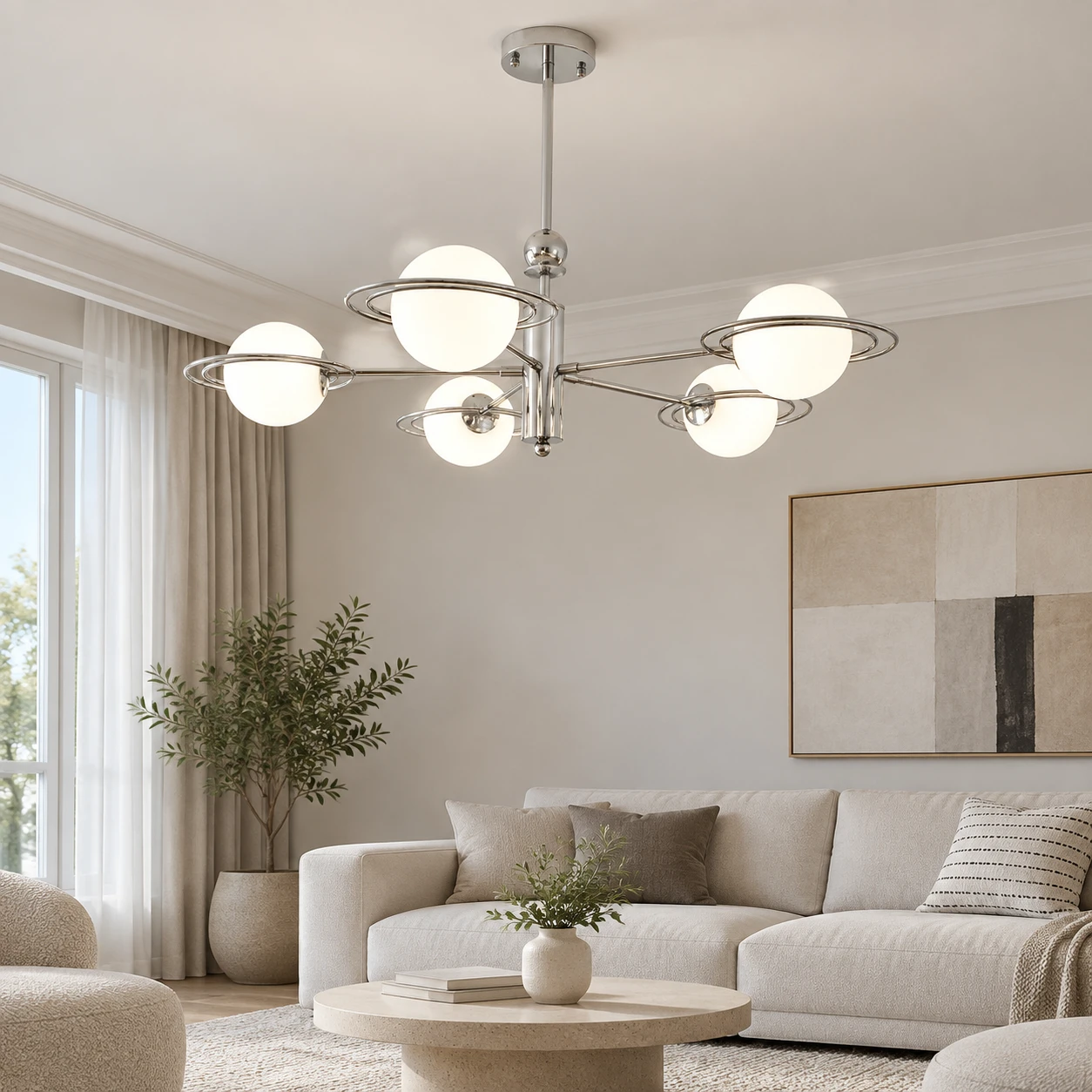 Mira 5-head pendant light in a family living room