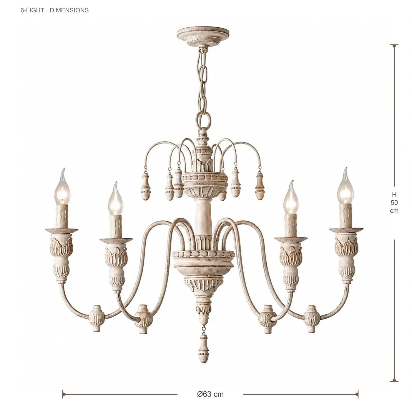 Maribel Rustic Carved Wood-Look Chandelier — 6-Light dimensions