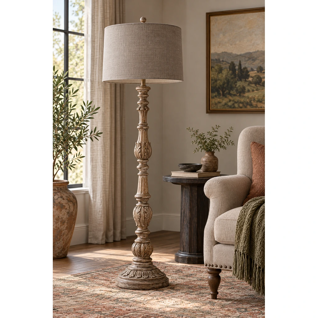 Merritt carved wood floor lamp in a hospitality reading corner