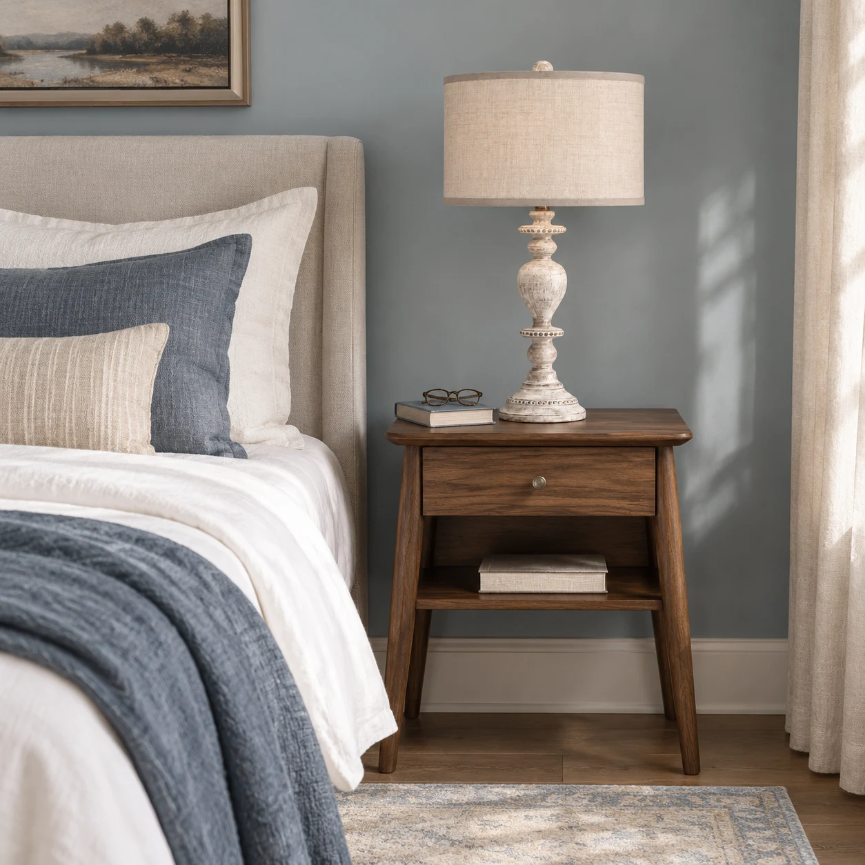 Distressed Carved Wood Table Lamp on a bedroom nightstand