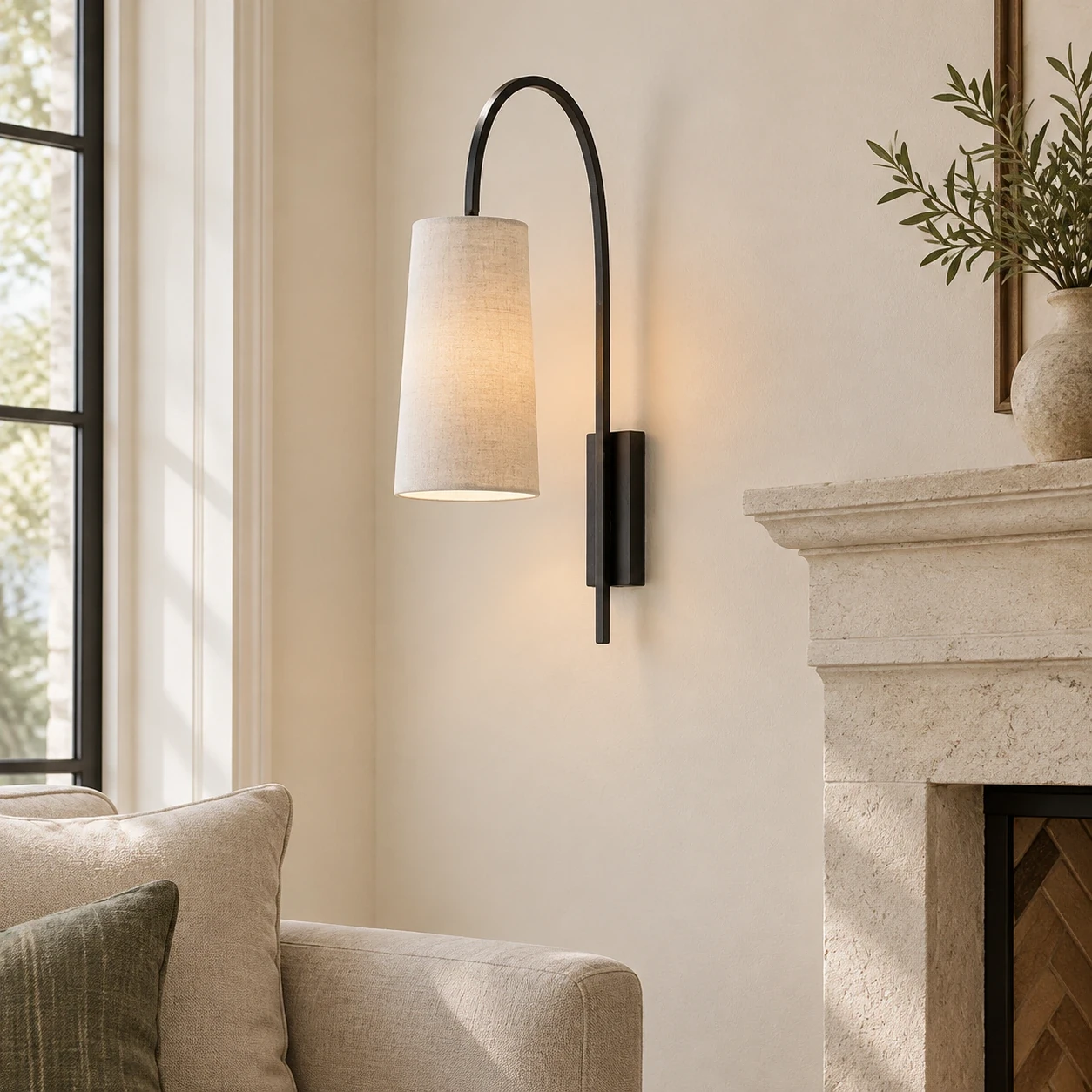 Black Iron fabric wall sconce in a living room