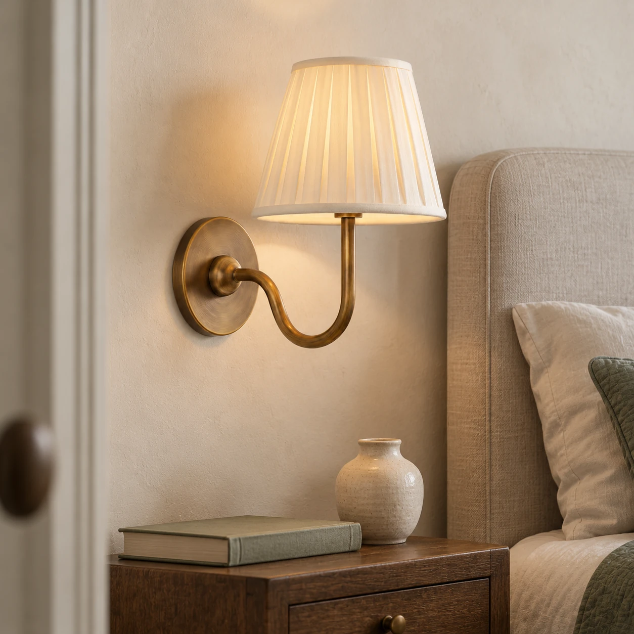American Rustic Fabric Light in a calm bedroom with an aged-oak nightstand and soft morning daylight