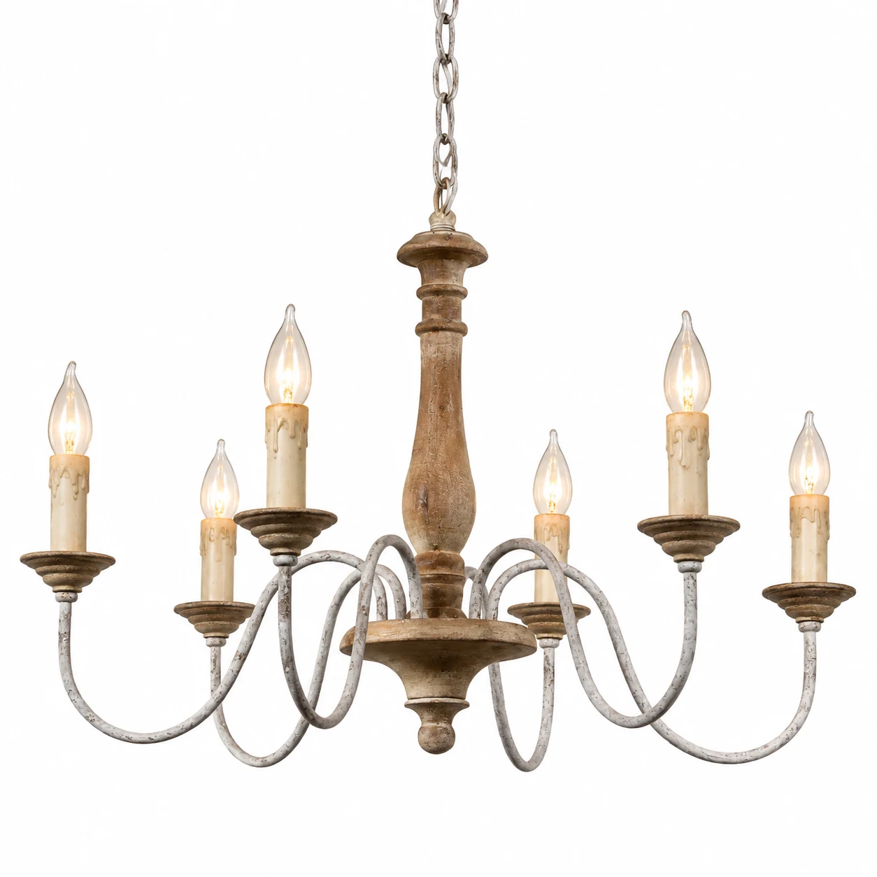 A · 6 Lights · Natural Wood · Open Candle wood chandelier on a white background