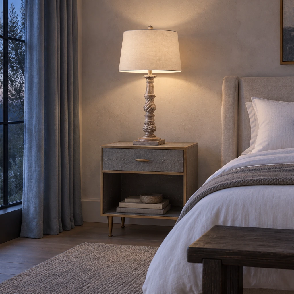 Elowen carved wood table lamp in an evening bedroom