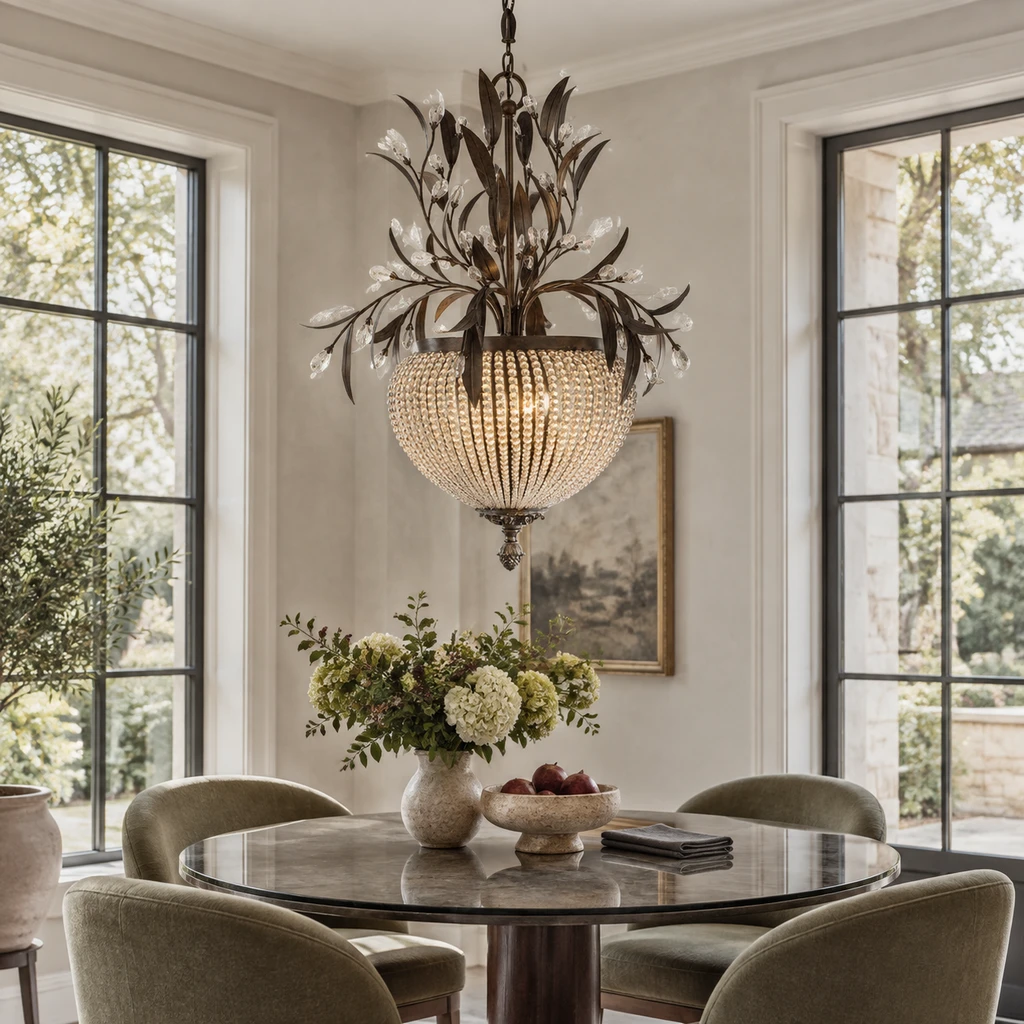 Celeste chandelier above a round table in a daylight breakfast room