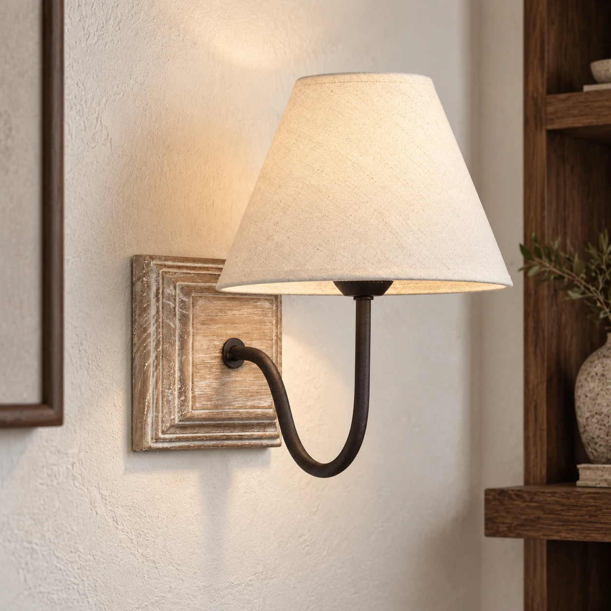 Distressed square wood backplate and curved iron arm in a study