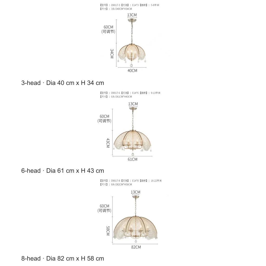 Aurelia chandelier dimensions for three-head, six-head and eight-head sizes