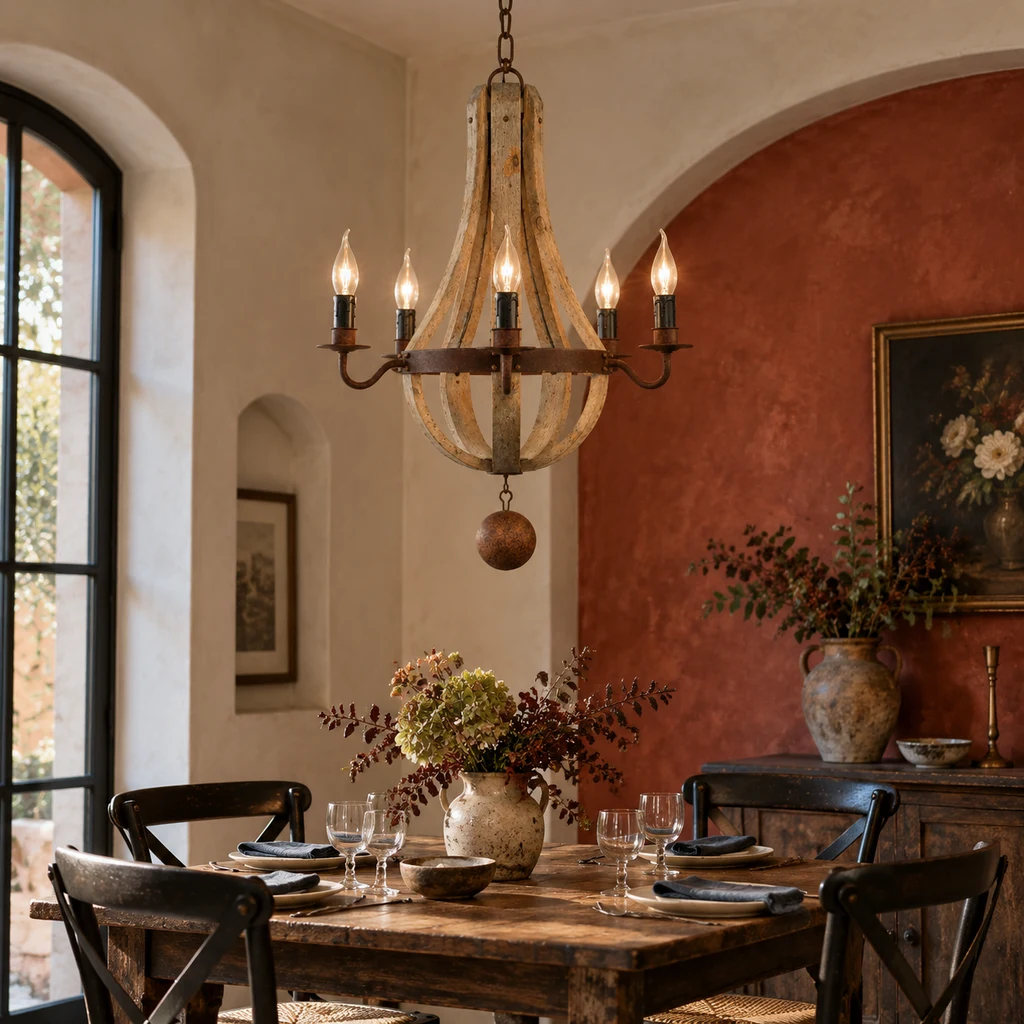 Elowen five-light chandelier in a restrained brick-red bistro dining room